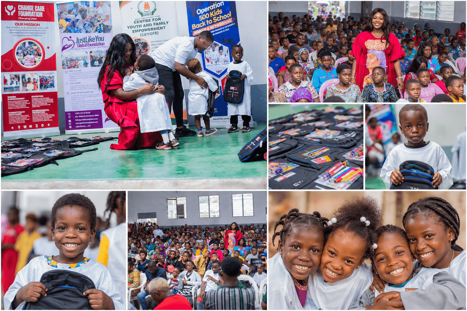 A collage of Back to School moments: the founder fitting a school top on a small child, a hall full of families, packed bags of stationery, and children smiling with their new backpacks